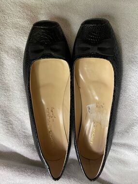 Marchez Vous Black Lizard Ballet Flats Square Toe Bow Made in Italy Size 7 1/2